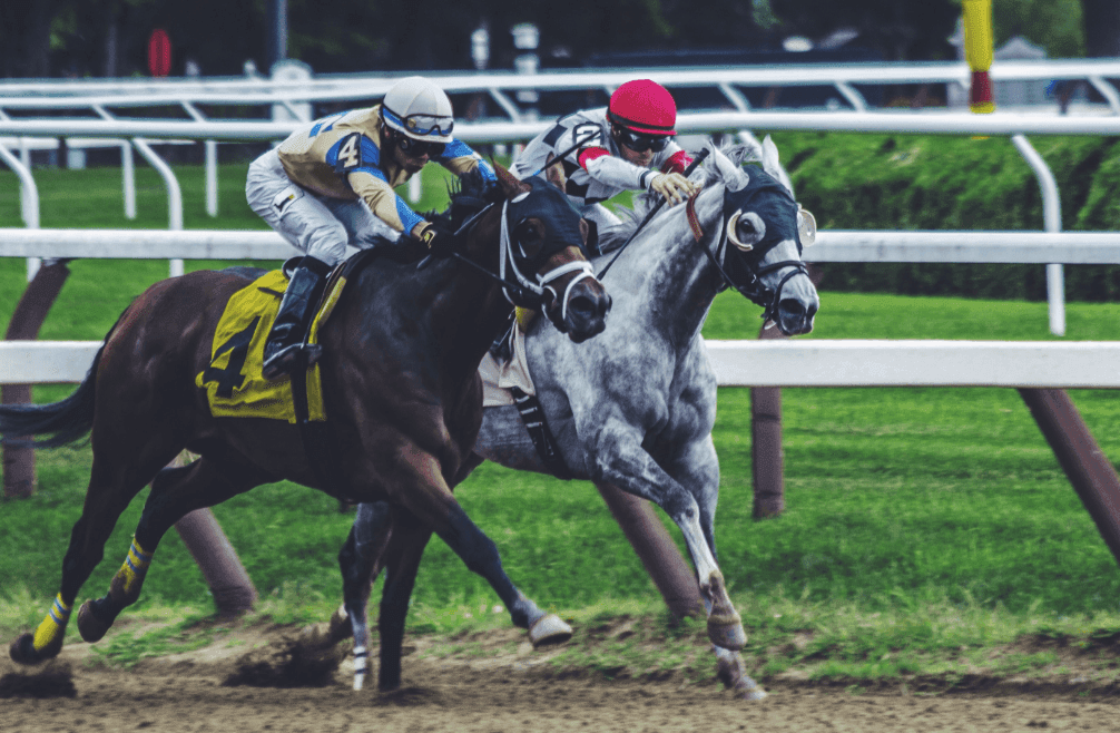 Two jockeys compete with horses' neck and neck in a race, against the backdrop of the racecourse.