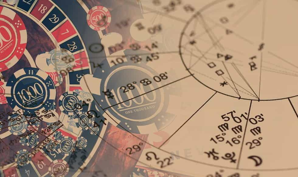 An astrological chart overlapping with a roulette wheel and casino chips.