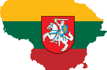 Outline of Lithuania colored as the flag – reg, green and yellow. In the center is an illustration of a knight on a horse.