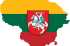 Outline of Lithuania colored as the flag – reg, green and yellow. In the center is an illustration of a knight on a horse.