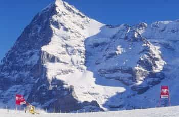 A lone skier racing down Wengen’s Lauberhorn course.