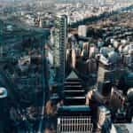 An aerial shot of skyscrapers in Santiago, Chile.