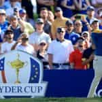 Matthew Fitzpatrick plays his tee shot on the 14th hole in his match against Max Homa during the 2023 Ryder Cup.